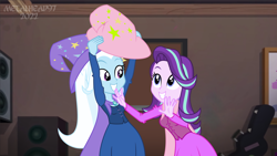 Size: 8000x4500 | Tagged: safe, artist:metalhead97, starlight glimmer, trixie, human, equestria girls, equestria girls series, backstage, cape, clothes, commission, cute, dress, duo, fall formal outfits, female, hat, hatless, holding, looking at each other, matching outfits, missing accessory, shipping, show accurate, smiling, smiling at each other, startrix, trixie's cape, trixie's hat