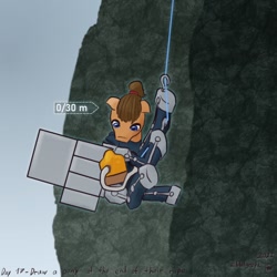 Size: 1000x1000 | Tagged: safe, artist:hiddelgreyk, earth pony, pony, atg 2022, cliff, climbing, death stranding, looking down, newbie artist training grounds, ponified, ponytail, powered exoskeleton, rope, sam porter bridges, signature, solo