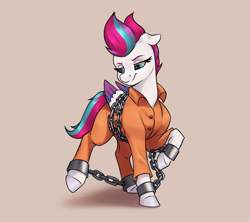 Size: 3600x3200 | Tagged: safe, artist:aquaticvibes, zipp storm, pegasus, pony, g5, bound wings, chained, chains, clothes, commission, cuffs, female, high res, mare, never doubt rainbowdash69's involvement, prison outfit, prisoner, prisoner zipp, shackles, solo, wings