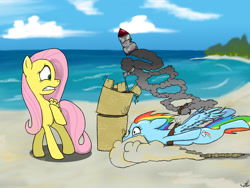 Size: 1600x1200 | Tagged: safe, artist:zukitri, fluttershy, rainbow dash, pegasus, pony, g4, beach, crash landing, flag, gritted teeth, jetpack, sand, sandcastle, surprised, teeth, water