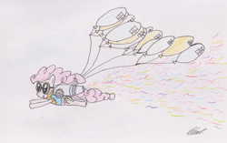 Size: 2558x1611 | Tagged: safe, artist:beezeroone, pinkie pie, earth pony, pony, g4, balloon, confetti, flying, goggles, jetpack, party cannon, party cannon jetpack, simple background, solo, streamers, traditional art, white background