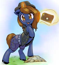 Size: 1090x1200 | Tagged: safe, artist:ahobobo, oc, oc only, oc:mod-madclicker, pony, unicorn, belt, camera, clothes, denim, denim shorts, fedora, hat, jeans, pants, solo