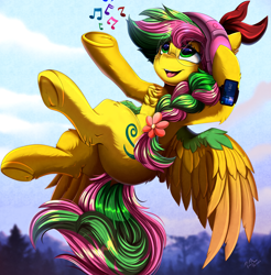 Size: 3450x3509 | Tagged: safe, artist:pridark, oc, oc only, oc:biolachan breeze, pegasus, pony, butt, cellphone, chest fluff, colored wings, commission, female, flying, glasses, headphones, high res, mare, multicolored wings, music notes, open mouth, open smile, phone, plot, smartphone, smiling, solo, wings
