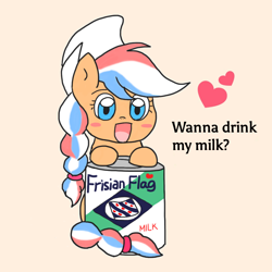 Size: 1024x1024 | Tagged: safe, alternate version, artist:foxy1219, oc, oc only, oc:ember, oc:ember (hwcon), earth pony, pony, hearth's warming con, blush sticker, blushing, dutch, female, friesland, frisian flag, mare, mascot, milk, nation ponies, netherlands, orange background, out of context, ponified, simple background, solo