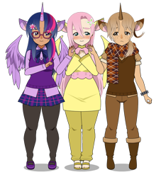 Size: 852x938 | Tagged: safe, artist:safiric, fluttershy, twilight sparkle, oc, human, g4, boots, clothes, glasses, horns, humanized, jacket, kisekae, pants, sandals, scarf, shirt, shoes, simple background, skirt, transparent background, wings