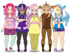 Size: 1024x768 | Tagged: safe, artist:safiric, fluttershy, pinkie pie, rainbow dash, twilight sparkle, oc, human, g4, boots, clothes, glasses, hoodie, horn, humanized, jacket, kisekae, pants, sandals, scarf, shirt, shoes, shorts, simple background, skirt, socks, striped socks, transparent background, wings