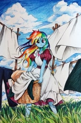 Size: 1908x2902 | Tagged: safe, artist:liaaqila, rainbow dash, human, equestria girls, basket, clothes, clothes line, grass, solo, traditional art, wind, windswept hair