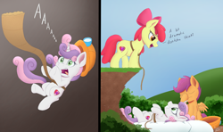 Size: 2000x1182 | Tagged: safe, artist:arcane-thunder, apple bloom, scootaloo, sweetie belle, earth pony, pegasus, pony, unicorn, g4, adorabloom, apple bloom's bow, atg 2022, bow, clothes, comic, cute, cutealoo, cutie mark crusaders, diasweetes, facehoof, falling, female, filly, foal, hair bow, hard hat, hat, horn, newbie artist training grounds, pillow, rope, scootaloo is not amused, screaming, sheepish grin, the cmc's cutie marks, trio, unamused, wings