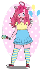 Size: 341x581 | Tagged: safe, artist:inu-kisekae, pinkie pie, human, equestria girls, g4, bowtie, candy, clothes, food, gloves, humanized, kisekae, lollipop, shirt, shoes, simple background, skirt, socks, solo, striped socks, transparent background