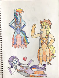 Size: 1280x1682 | Tagged: safe, artist:ghostclub80, applejack, rainbow dash, rarity, earth pony, pegasus, unicorn, anthro, g4, blowing a kiss, boots, clothes, female, fingerless gloves, flexing, flying, gloves, hand on hip, high heel boots, jetpack, leotard, shoes, simple background, traditional art