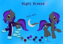 Size: 2048x1427 | Tagged: artist needed, safe, oc, oc only, oc:night breeze, bat pony, pony, bat pony oc, blue background, clothes, cute, cute little fangs, cutie mark, fangs, female, hoodie, mare, purple mane, reference sheet, simple background, smiling, socks, striped socks