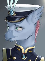 Size: 1280x1723 | Tagged: safe, artist:kaiser-sauce, oc, oc only, oc:skybolt spear, hippogriff, equestria at war mod, admiral, bust, cap, clothes, hat, male, portrait, solo