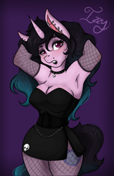 Size: 1320x2040 | Tagged: safe, artist:mscolorsplash, izzy moonbow, unicorn, anthro, g5, arm behind head, armpits, bare shoulders, black lipstick, breasts, busty izzy moonbow, choker, cleavage, clothes, dress, ear piercing, earring, eyebrow piercing, eyeshadow, female, fishnet gloves, fishnets, goth, goth izzy, jewelry, lip piercing, lipstick, makeup, mare, minidress, nose piercing, nose ring, piercing, sexy, solo, spiked choker, strapless, stupid sexy izzy moonbow, thighs, wide hips
