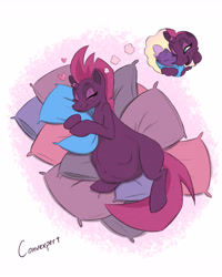 Size: 4266x5334 | Tagged: safe, artist:convexpert, fizzlepop berrytwist, tempest shadow, pony, unicorn, absurd resolution, belly, belly bumps, belly button, big belly, broken horn, cute, dream, eye scar, eyes closed, female, floating heart, happy, heart, horn, kicking, mare, one eye closed, outie belly button, pillow, pregnant, scar, scar on the wrong side, sleeping, smiling, tempestbetes