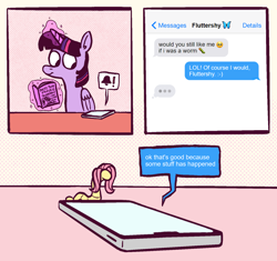 Size: 1742x1637 | Tagged: safe, artist:horsewizardart, fluttershy, princess luna, twilight sparkle, alicorn, pony, worm, g4, 2022, book, cellphone, comic, cute, dialogue, duo, featured image, female, flutterworm, funny, implied transformation, levitation, magic, mare, phone, pictogram, shyabetes, smartphone, smiling, species swap, telekinesis, texting, twiabetes, twilight sparkle (alicorn), wat