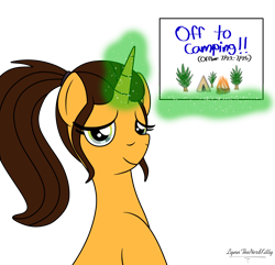 Size: 1922x1849 | Tagged: safe, artist:small-brooke1998, oc, oc only, oc:brooke, pony, unicorn, announcement, campfire, ponysona, simple background, solo, tent, transparent background, tree