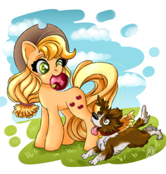 Size: 2000x2100 | Tagged: safe, artist:aalwa, applejack, winona, dog, earth pony, pony, g4, apple, cute, duo, duo female, female, fetch, food, high res, jackabetes, mare, mouth hold, tongue out, winonabetes