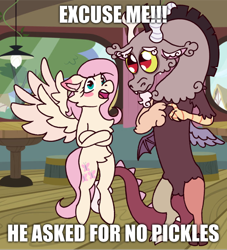 Size: 540x594 | Tagged: safe, artist:astralix13, discord, fluttershy, draconequus, pegasus, pony, g4, asked for no pickles, colored eartips, crossed arms, cute, discute, duo, duo male and female, ear fluff, female, fingers together, fluffy, implied discoshy, implied shipping, implied straight, male, mare, meme, spread wings, talking, text, wings