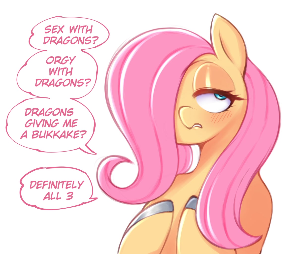 2910931 - suggestive, artist:saltyxodium, fluttershy, pegasus, pony, g4,  blushing, dirty talk, female, hair over one eye, high res, hooves, implied  orgy, implied sex, lidded eyes, solo, text - Derpibooru