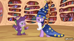 Size: 640x360 | Tagged: safe, screencap, spike, twilight sparkle, dragon, pony, unicorn, g4, luna eclipsed, season 2, animated, clothes, cosplay, costume, duo, female, gif, gifs.com, golden oaks library, male, mare, nightmare night costume, smiling, spinning, star swirl the bearded costume, twilight the bearded, unicorn twilight