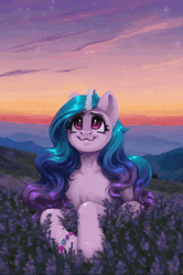 Size: 720x1084 | Tagged: safe, artist:amishy, izzy moonbow, pony, unicorn, g5, animated, cute, female, izzybetes, looking up, loop, lying down, mare, no sound, prone, smiling, solo, sunset, webm