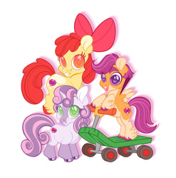 Size: 1280x1294 | Tagged: safe, artist:viodacreator, apple bloom, scootaloo, sweetie belle, earth pony, pegasus, pony, unicorn, g4, alternate design, bipedal, bipedal leaning, blaze (coat marking), bow, coat markings, colored hooves, colored pupils, cutie mark crusaders, eyebrows, facial markings, feathered fetlocks, female, filly, foal, grin, hair bow, horn, leaning, looking at you, scooter, simple background, smiling, smiling at you, socks (coat markings), the cmc's cutie marks, trio, white background, wings