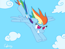 Size: 1024x784 | Tagged: safe, artist:thebrokencog, rainbow dash, pegasus, pony, g4, cloud, day, female, flying, grin, mare, signature, simple background, sky, smiling, solo, spread wings, wings
