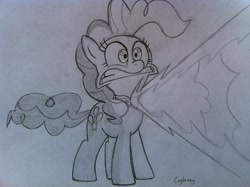 Size: 2592x1936 | Tagged: safe, artist:thebrokencog, pinkie pie, earth pony, pony, g4, magical mystery cure, blast, element of laughter, gritted teeth, magic, magic beam, magic blast, scene interpretation, sketch, solo, teeth, traditional art