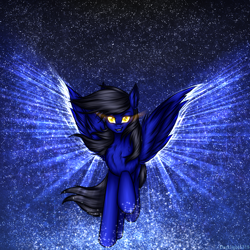 Size: 1000x1000 | Tagged: safe, artist:darklight1315, oc, oc only, oc:night, pegasus, pony, fallout equestria, chest fluff, ear fluff, eyebrows, fallout equestria: dark delirium, glowing, glowing eyes, grin, pegasus oc, running, smiling, solo, space, spread wings, stars, wings