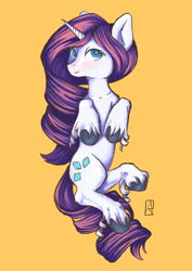 Size: 2480x3508 | Tagged: safe, artist:ardilya, rarity, pony, unicorn, g4, blushing, covering, digital art, female, high res, looking at you, lying down, mare, on back, simple background, solo, unshorn fetlocks, yellow background