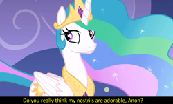 Size: 1920x1162 | Tagged: safe, screencap, princess celestia, alicorn, pony, g4, horse play, season 8, beautiful, best pony, bronybait, caption, crown, cute, female, folded wings, implied anon, jewelry, mare, meta, necklace, question, regalia, smiling, solo, text, wings
