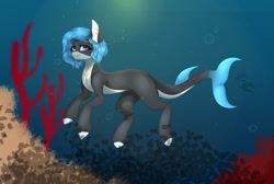 Size: 1280x861 | Tagged: safe, artist:bubbastudios, oc, oc only, fish, hybrid, merpony, original species, shark, shark pony, blue mane, bubble, coral, digital art, dorsal fin, fangs, female, fins, fish tail, flowing mane, flowing tail, looking at you, mare, ocean, purple eyes, smiling, smiling at you, solo, swimming, tail, underwater, water