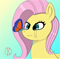 Size: 980x970 | Tagged: safe, artist:kpapwiss, fluttershy, butterfly, pegasus, pony, g4, bust, butterfly on nose, crying, insect on nose, portrait, simple background, solo
