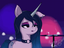 Size: 1280x960 | Tagged: safe, artist:hauntedtuba, izzy moonbow, pony, unicorn, g5, alternate cutie mark, animated, ashtray, blowing, choker, cigarette, drink, dyed mane, ear piercing, earring, eye shimmer, eyeshadow, female, goth, goth izzy, hair blowing, jewelry, lipstick, loop, makeup, no sound, one ear down, perfect loop, piercing, solo, webm