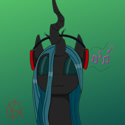 Size: 1000x1000 | Tagged: source needed, safe, artist:kpapwiss, queen chrysalis, changeling, changeling queen, g4, bust, eyes closed, female, headphones, portrait, simple background, solo