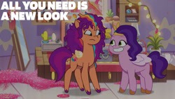 Size: 1280x720 | Tagged: safe, edit, edited screencap, editor:quoterific, screencap, pipp petals, sunny starscout, pegasus, pony, alicorn issues, g5, my little pony: tell your tale, spoiler:g5, spoiler:my little pony: tell your tale, spoiler:tyts01e14, artificial wings, augmented, duo, female, glitter, grin, magic, magic wings, mane stripe sunny, mare, messy mane, pegasus sunny starscout, race swap, smiling, text, wings