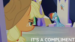 Size: 1280x720 | Tagged: safe, edit, edited screencap, editor:quoterific, screencap, applejack, rainbow dash, earth pony, pegasus, pony, g4, season 6, to where and back again, applejack is not amused, applejack's hat, cowboy hat, cutie map, duo, female, hat, mare, open mouth, text, twilight's castle, unamused