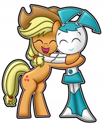 Size: 1351x1661 | Tagged: artist needed, safe, applejack, earth pony, pony, robot, g4, bipedal, crossover, duo, duo female, eyes closed, female, happy, hug, jenny wakeman, mare, my life as a teenage robot, open mouth, open smile, simple background, smiling, white background