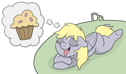 Size: 3119x1847 | Tagged: safe, artist:doodledonutart, derpy hooves, g4, comic, dream, eyes closed, food, muffin, newbie artist training grounds, simple background, solo, tongue out, white background