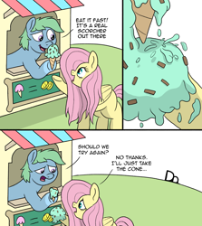 Size: 2288x2570 | Tagged: safe, artist:doodledonutart, fluttershy, oc, earth pony, pegasus, pony, g4, comic, duo, food, high res, ice cream, wings