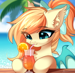 Size: 2342x2272 | Tagged: safe, alternate character, alternate version, artist:airiniblock, oc, oc only, oc:sunshine drift, bat pony, pony, alcohol, bat wings, beach, bow, chest fluff, cocktail, commission, drink, drinking straw, ear fluff, eye clipping through hair, female, food, hair bow, hair over one eye, high res, icon, mare, ocean, orange, palm tree, smiling, solo, tree, water, wings, ych result
