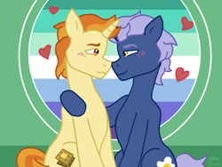 Size: 1600x1200 | Tagged: safe, artist:lotusflare, golden crust, midnight snack (g4), pony, unicorn, g4, arm around back, background pony, blushing, boop, cute, eye contact, friendship student, gay, gay pride flag, happy, heart, looking at each other, looking at someone, love, male, noseboop, pride, pride flag, ship:goldensnack, shipping, smiling, smiling at each other, stallion, stallion on stallion, super gay, tail, two toned mane, vincian pride flag