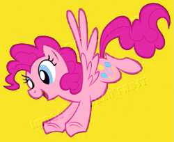 Size: 637x519 | Tagged: safe, artist:lauren faust, edit, pinkie pie, pegasus, pony, g4, concept art, female, mare, needs more jpeg, pegasus pinkie pie, race swap, simple background, smiling, spread wings, watermark, what could have been, wings, yellow background
