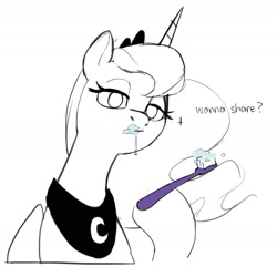 Size: 1847x1847 | Tagged: safe, artist:egil, princess luna, alicorn, pony, g4, dialogue, lidded eyes, looking at you, sketch, solo, toothbrush