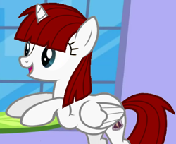 Size: 453x369 | Tagged: safe, edit, edited screencap, screencap, oc, oc only, oc:fausticorn, alicorn, pony, a canterlot wedding, g4, season 2, canterlot, female, horn, lauren faust, mare, smiling, table, window, wings, younger