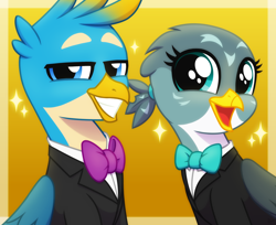 Size: 2450x2000 | Tagged: safe, artist:whitequartztheartist, gabby, gallus, griffon, g4, bowtie, clothes, duo, high res, simple background, tuxedo