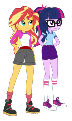 Size: 2351x3925 | Tagged: safe, artist:gmaplay, sci-twi, sunset shimmer, twilight sparkle, human, equestria girls, g4, legend of everfree, boots, camp everfree outfits, clothes, converse, denim, denim shorts, duo, duo female, female, front view, glasses, hand on hip, hands behind back, happy, jumper, long hair, multicolored hair, ponytail, purple eyes, purple skin, red socks, shirt, shoes, shorts, simple background, smiling, sneakers, standing, t-shirt, teenager, tomboy, transparent background, turquoise eyes, two toned hair