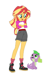 Size: 2500x3740 | Tagged: safe, artist:gmaplay, spike, spike the regular dog, sunset shimmer, dog, human, equestria girls, g4, my little pony equestria girls: legend of everfree, adorkable, camp everfree outfits, clothes, cute, dork, duo, female, high res, legs, shimmerbetes, shorts, simple background, spikabetes, transparent background