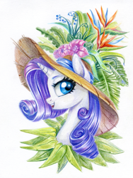 Size: 901x1200 | Tagged: safe, artist:maytee, rarity, pony, unicorn, g4, bust, hat, portrait, profile, smiling, solo, traditional art