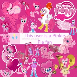 Size: 1080x1080 | Tagged: safe, editor:twenty.one.dolls, pinkie pie, pinkie pie (g3), earth pony, human, pony, seapony (g4), equestria girls, g3, g3.5, g4.5, my little pony: the movie, accordion, animal costume, banjo, best pony, best pony logo, chicken pie, chicken suit, clothes, costume, cotton candy, cute, cutie mark, diapinkes, encasement, harmonica, hat, heart shaped, logo, looking at you, magenta background, multeity, musical instrument, party hat, party horn, pixel art, rainbow power, seaponified, seapony pinkie pie, smiling, species swap, sticker, too much pink energy is dangerous, toy, trophy, tuba
